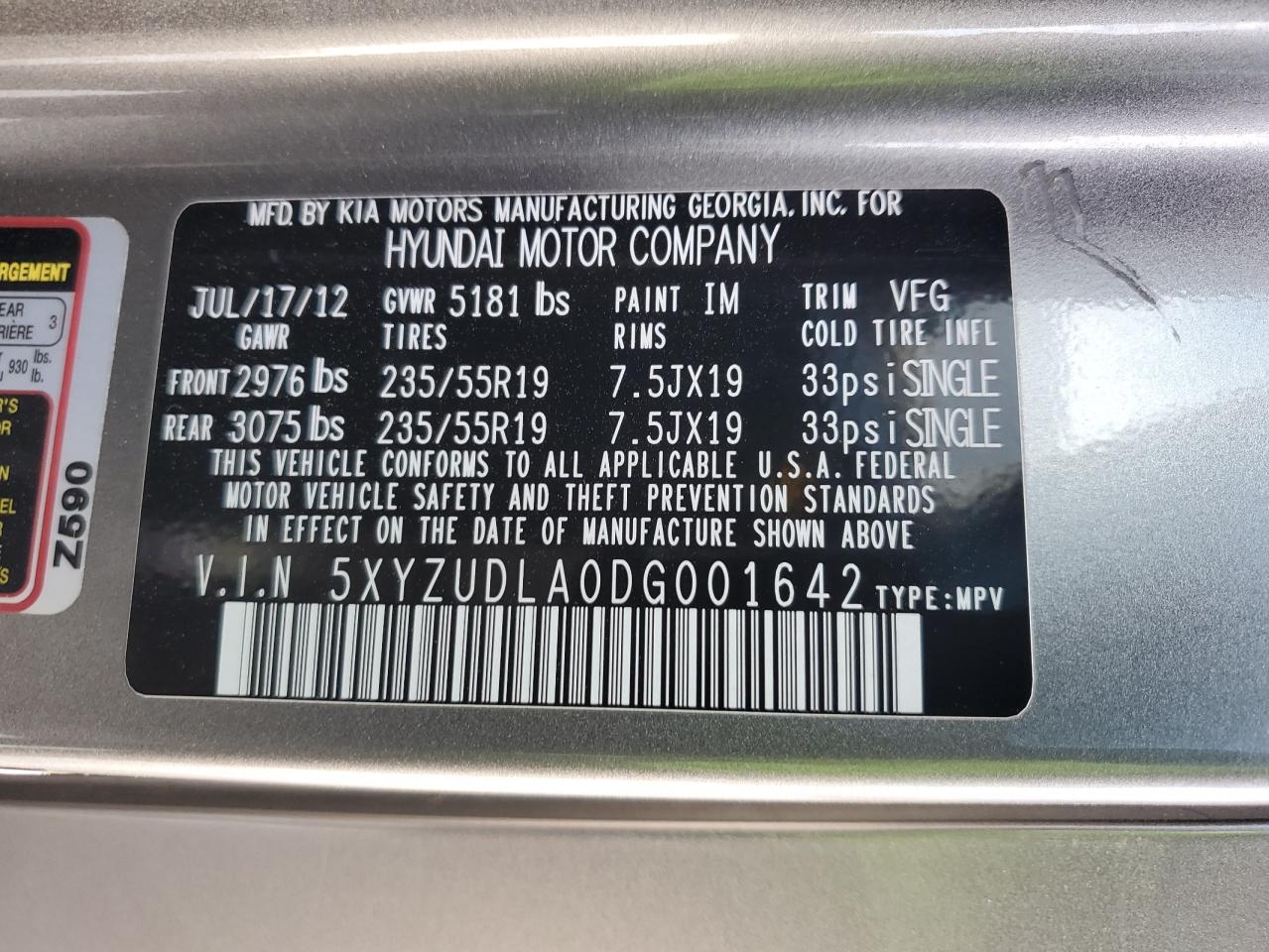 2013 Hyundai Santa Fe Sport VIN: 5XYZUDLA0DG001642 Lot: 82338375