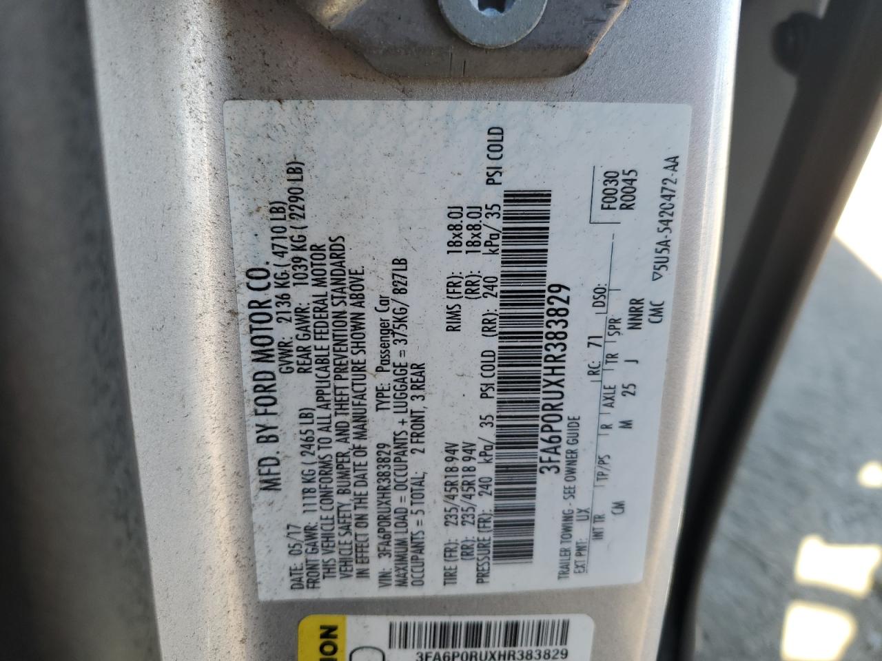 2017 Ford Fusion Titanium Hev VIN: 3FA6P0RUXHR383829 Lot: 87053395