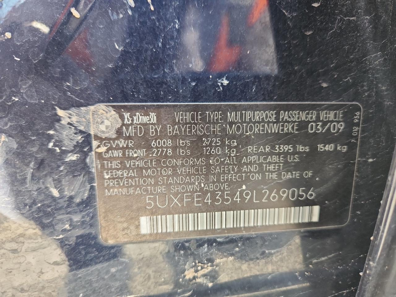 2009 BMW X5 xDrive30I VIN: 5UXFE43549L269056 Lot: 90879485