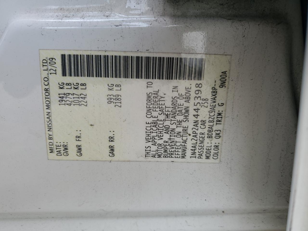 2010 Nissan Altima Base VIN: 1N4AL2AP2AN445398 Lot: 86495395