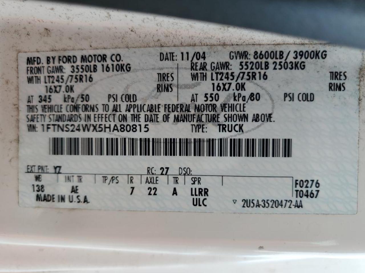 2005 Ford E-250 Delivery Van VIN: 1FTNS24WX5HA80815 Lot: 90370055