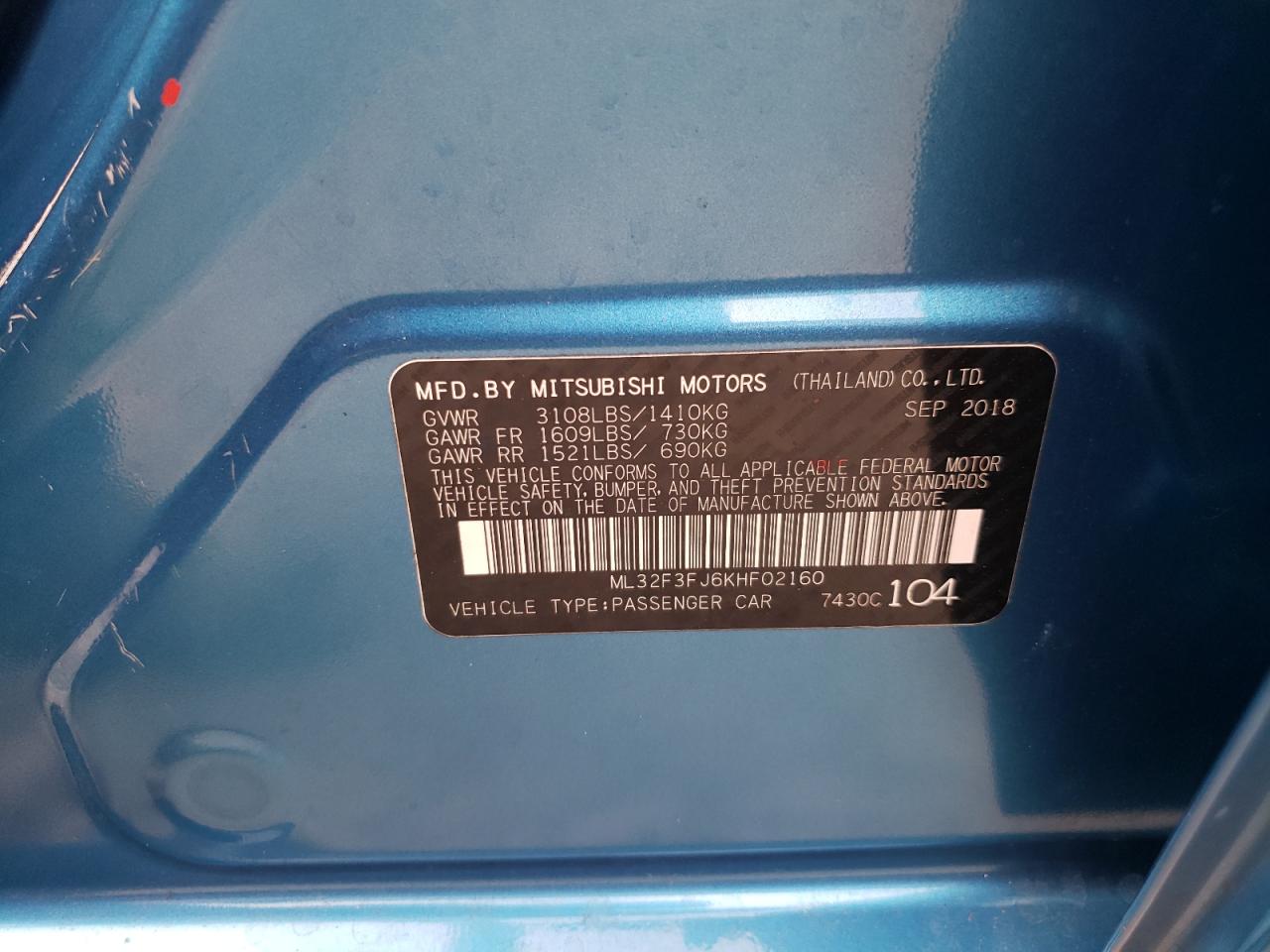 2019 Mitsubishi Mirage G4 Es VIN: ML32F3FJ6KHF02160 Lot: 82483245