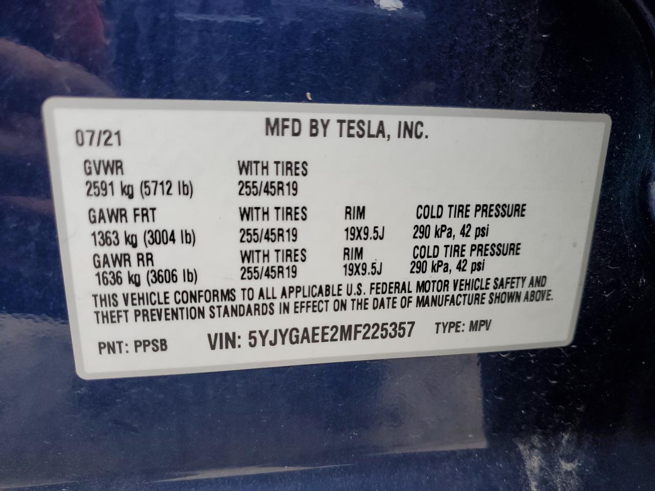 2021 Tesla Model Y VIN: 5YJYGAEE2MF225357 Lot: 89530115