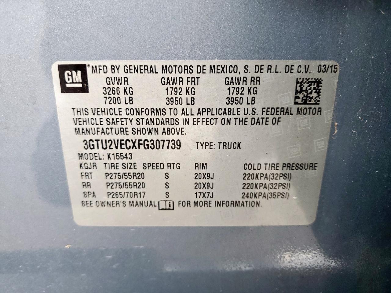 2015 GMC Sierra K1500 Slt VIN: 3GTU2VECXFG307739 Lot: 85374025