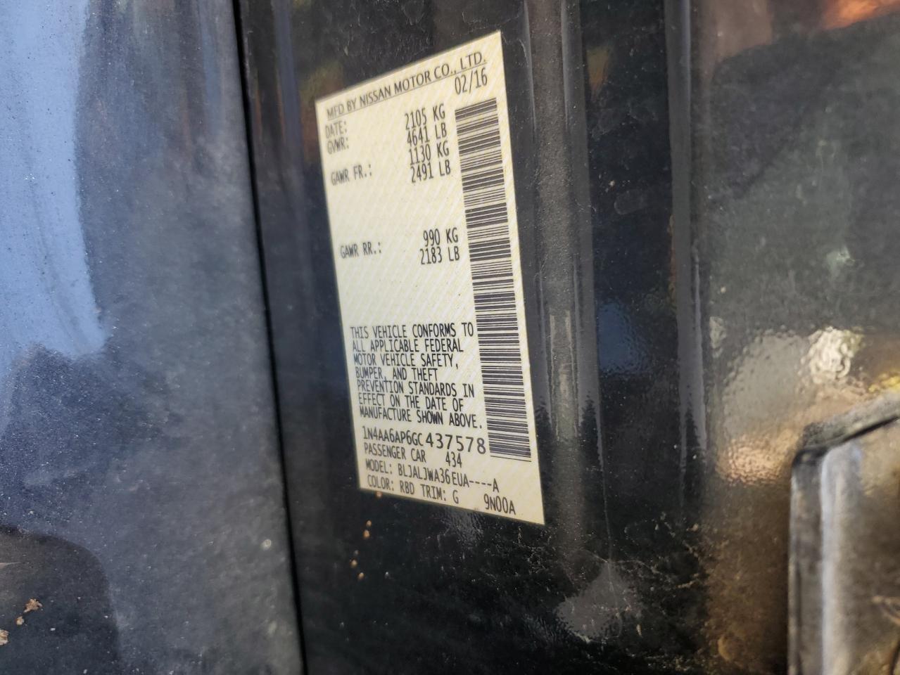 2016 Nissan Maxima 3.5S VIN: 1N4AA6AP6GC437578 Lot: 85519675