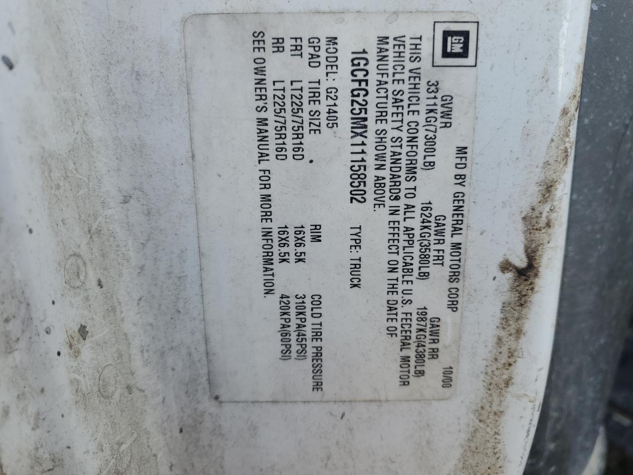 2001 Chevrolet Express G2500 VIN: 1GCFG25MX11158502 Lot: 82370005