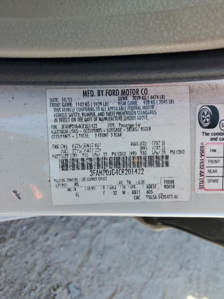 2012 Ford Fusion Sel VIN: 3FAHP0JG4CR201422 Lot: 82554265