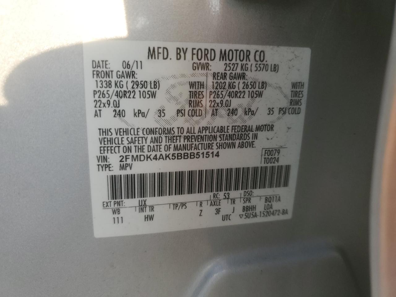 2011 Ford Edge Sport VIN: 2FMDK4AK5BBB51514 Lot: 85081695