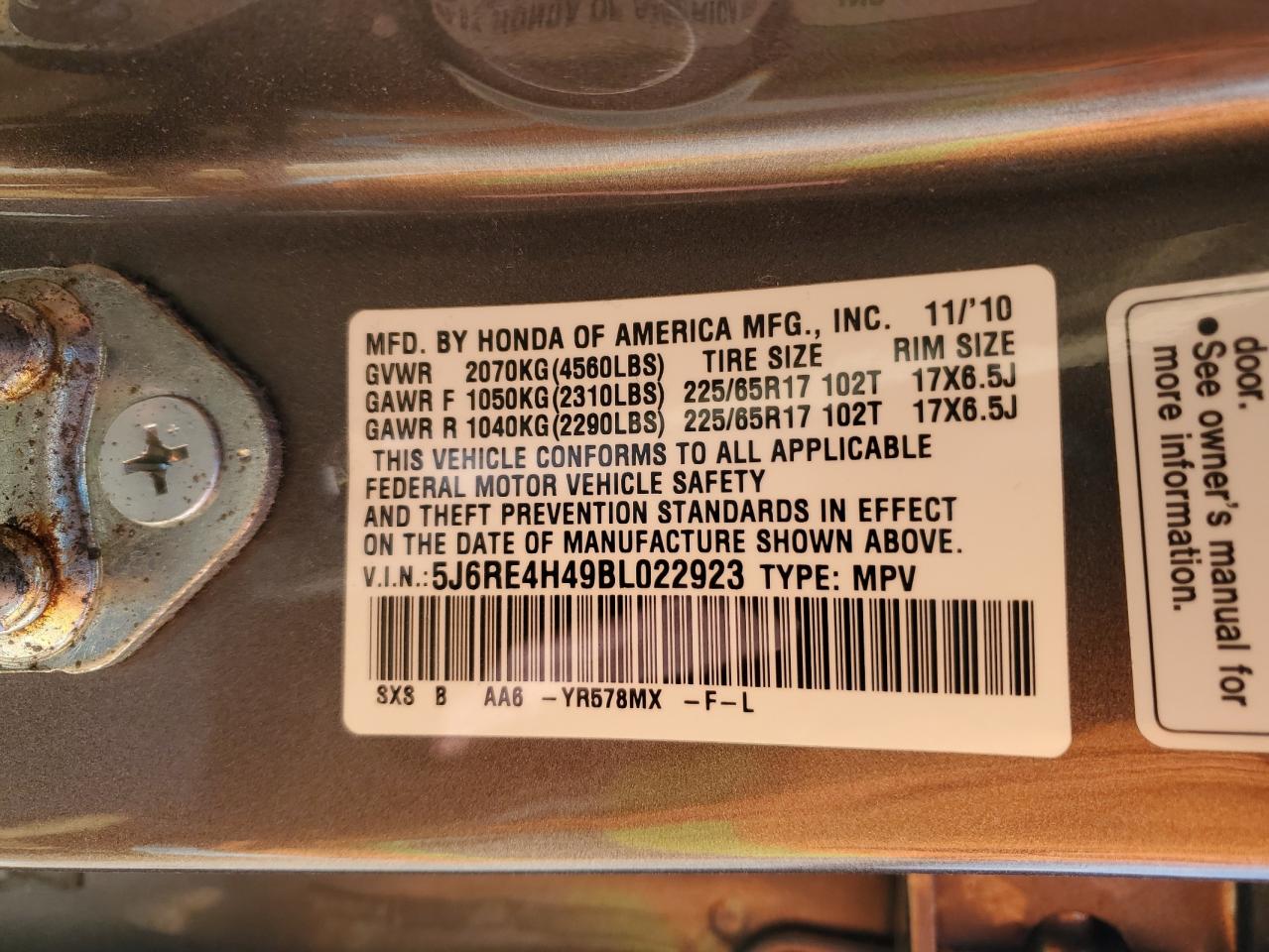 2011 Honda Cr-V Se VIN: 5J6RE4H49BL022923 Lot: 87474375