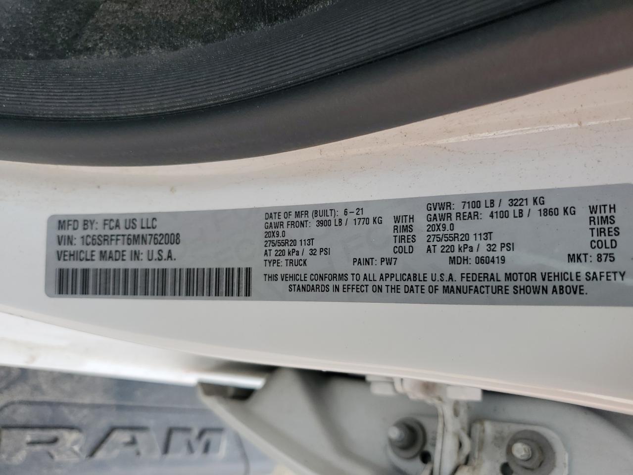 2021 Ram 1500 Big Horn/Lone Star VIN: 1C6SRFFT6MN762008 Lot: 87242665