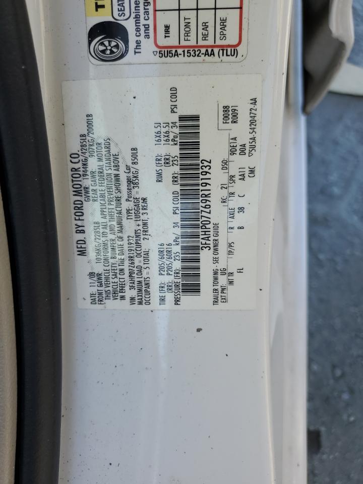 2009 Ford Fusion Se VIN: 3FAHP07Z69R191932 Lot: 89819945