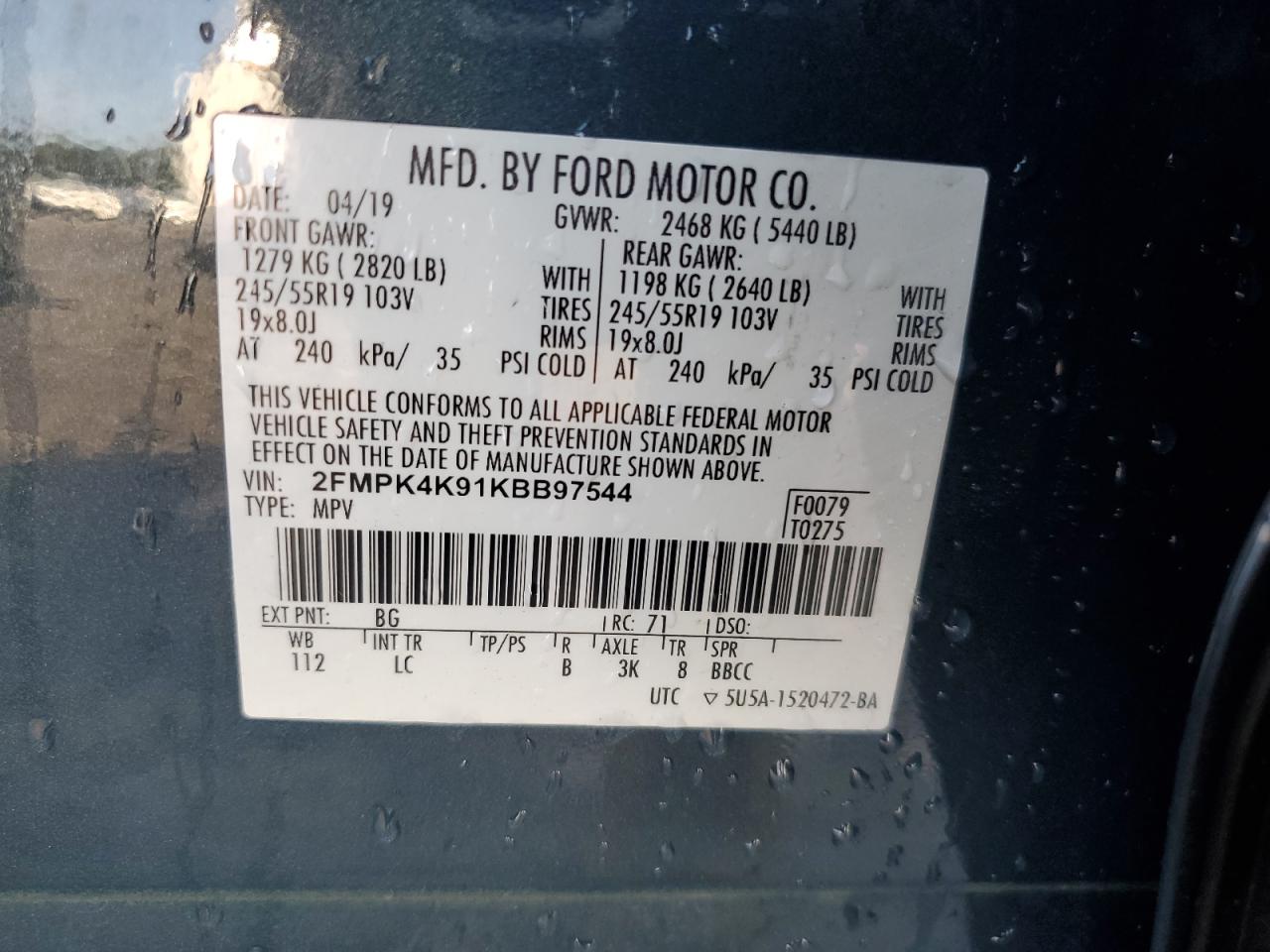 2019 Ford Edge Titanium VIN: 2FMPK4K91KBB97544 Lot: 85391155