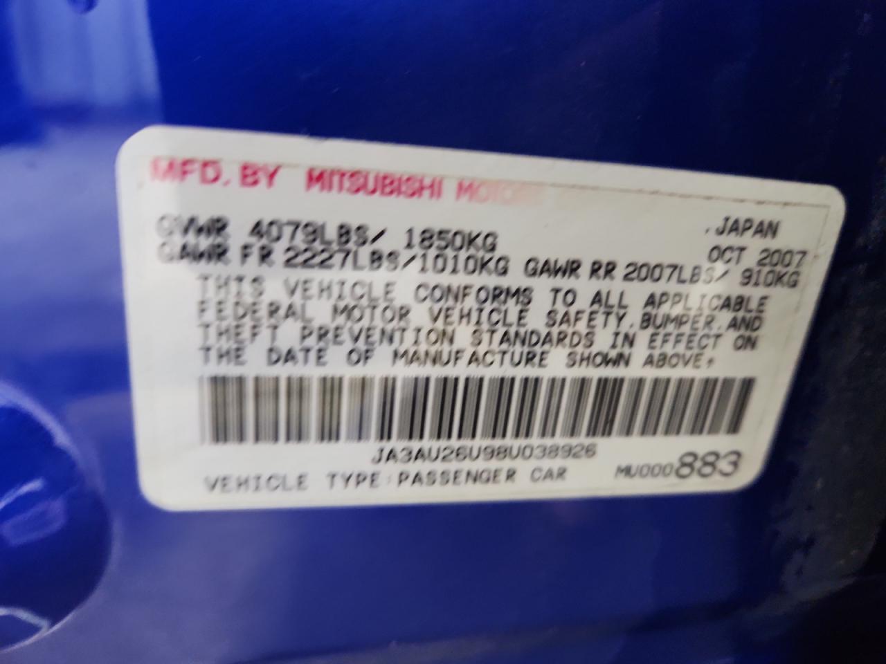 2008 Mitsubishi Lancer Es VIN: JA3AU26U98U038926 Lot: 89698075