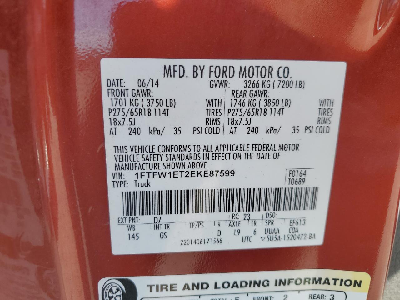 2014 Ford F150 Supercrew VIN: 1FTFW1ET2EKE87599 Lot: 91105505