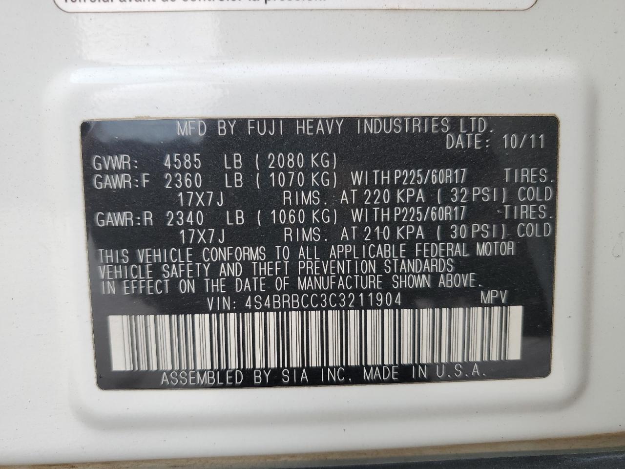 2012 Subaru Outback 2.5I Premium VIN: 4S4BRBCC3C3211904 Lot: 85008745