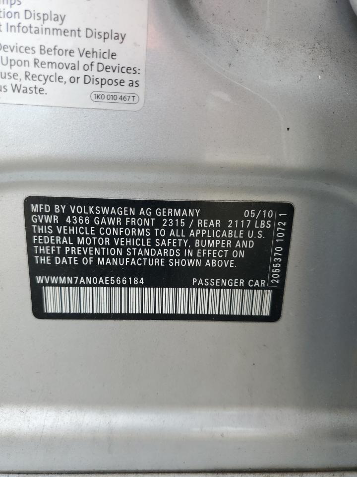 2010 Volkswagen Cc Sport VIN: WVWMN7AN0AE566184 Lot: 71117325