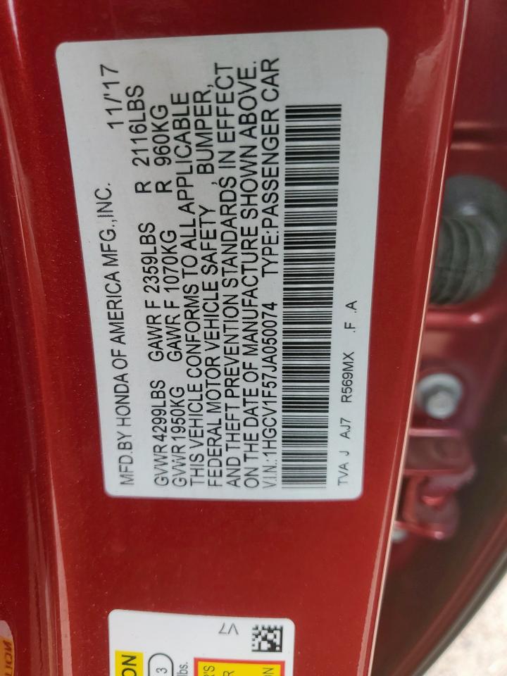 2018 Honda Accord Exl VIN: 1HGCV1F57JA050074 Lot: 82608335