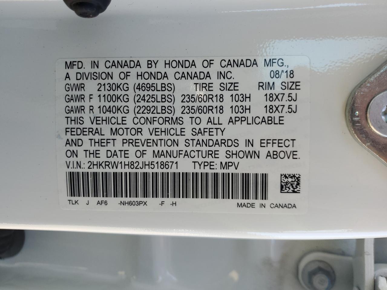 2018 Honda Cr-V Exl VIN: 2HKRW1H82JH518671 Lot: 87386265