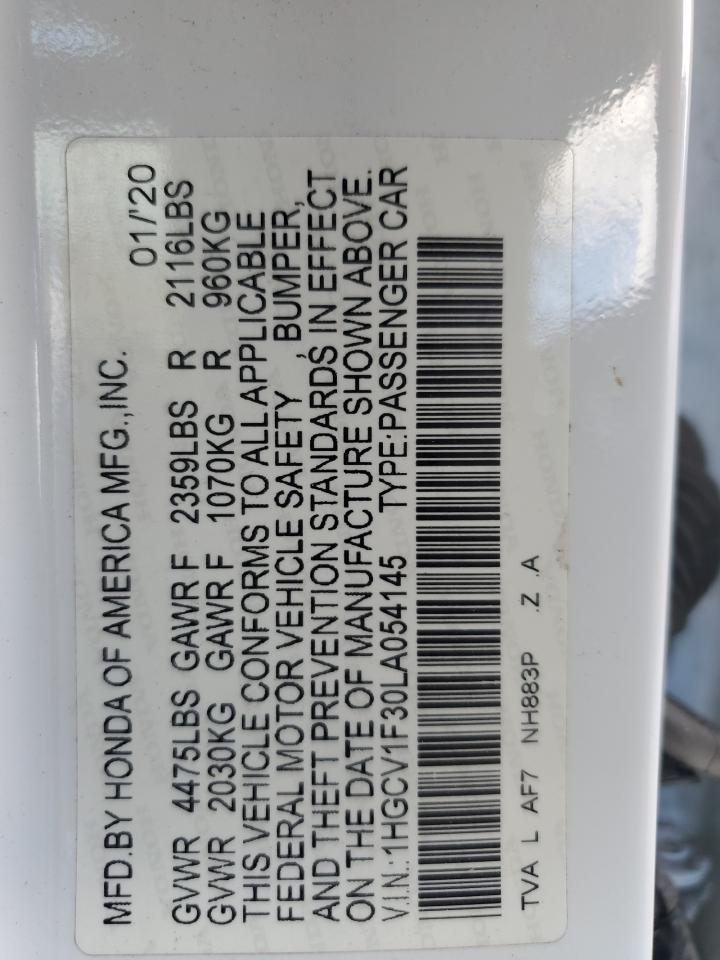 2020 Honda Accord Sport VIN: 1HGCV1F30LA054145 Lot: 85255555