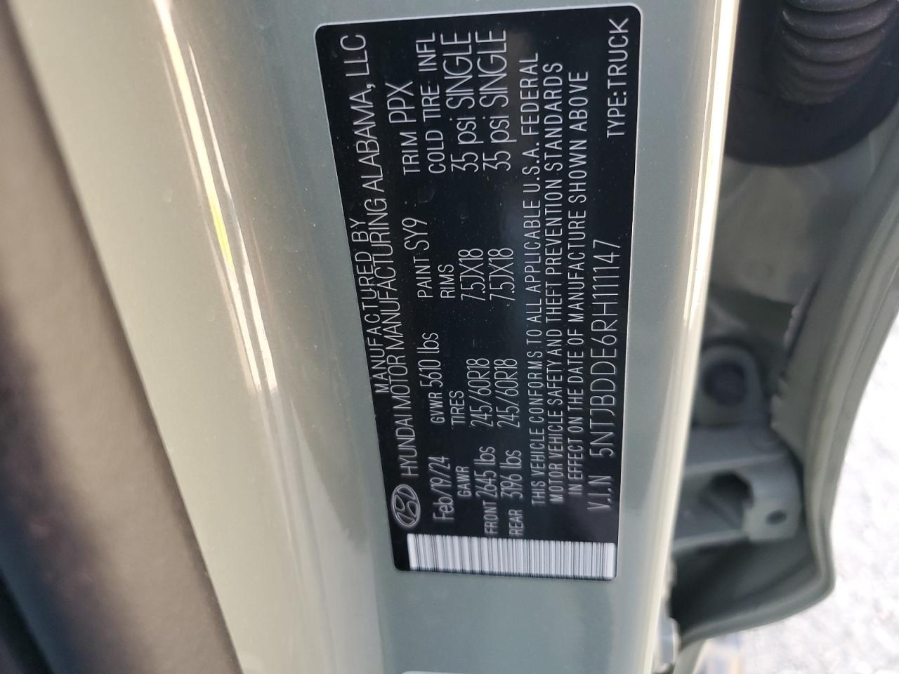 2024 Hyundai Santa Cruz Sel VIN: 5NTJBDDE6RH111147 Lot: 85324075