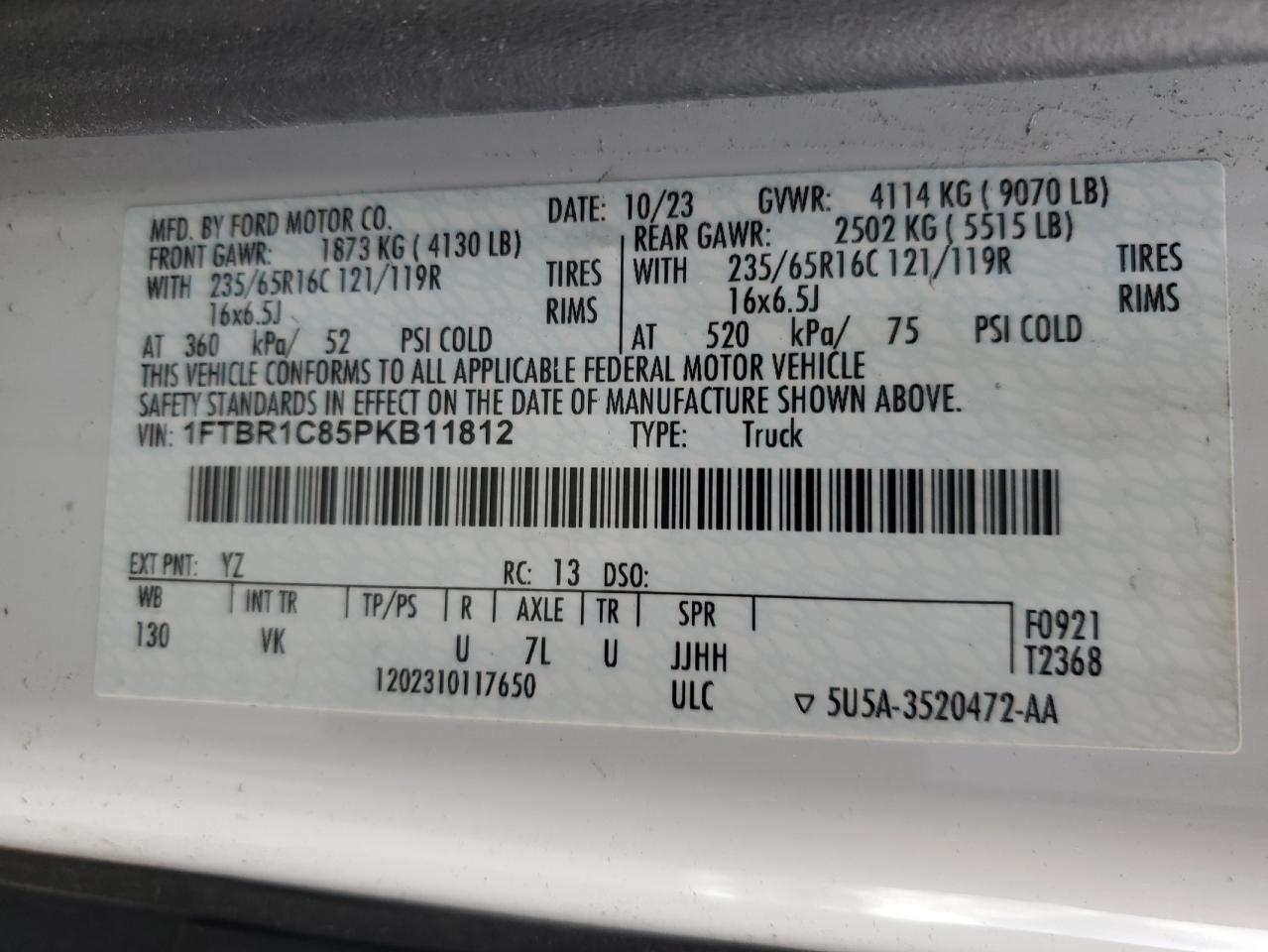 2023 Ford Transit T-250 Delivery Van VIN: 1FTBR1C85PKB11812 Lot: 90825015