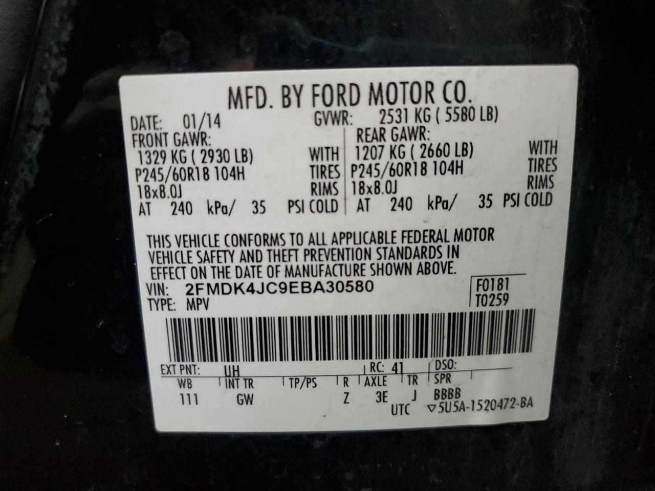 2014 Ford Edge Sel VIN: 2FMDK4JC9EBA30580 Lot: 87306495