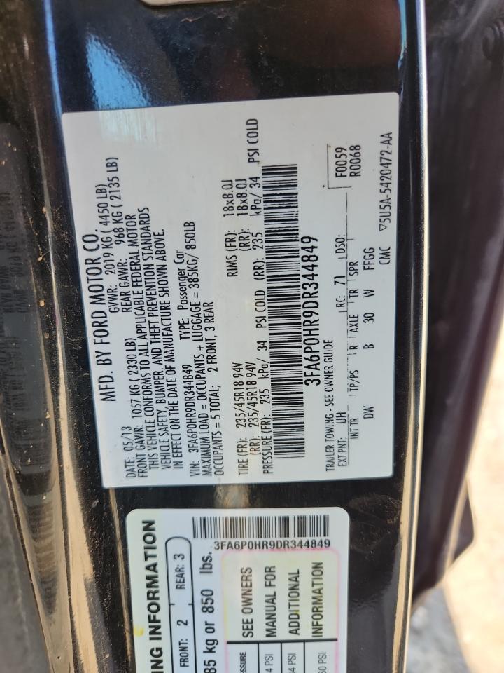 2013 Ford Fusion Se VIN: 3FA6P0HR9DR344849 Lot: 85579805