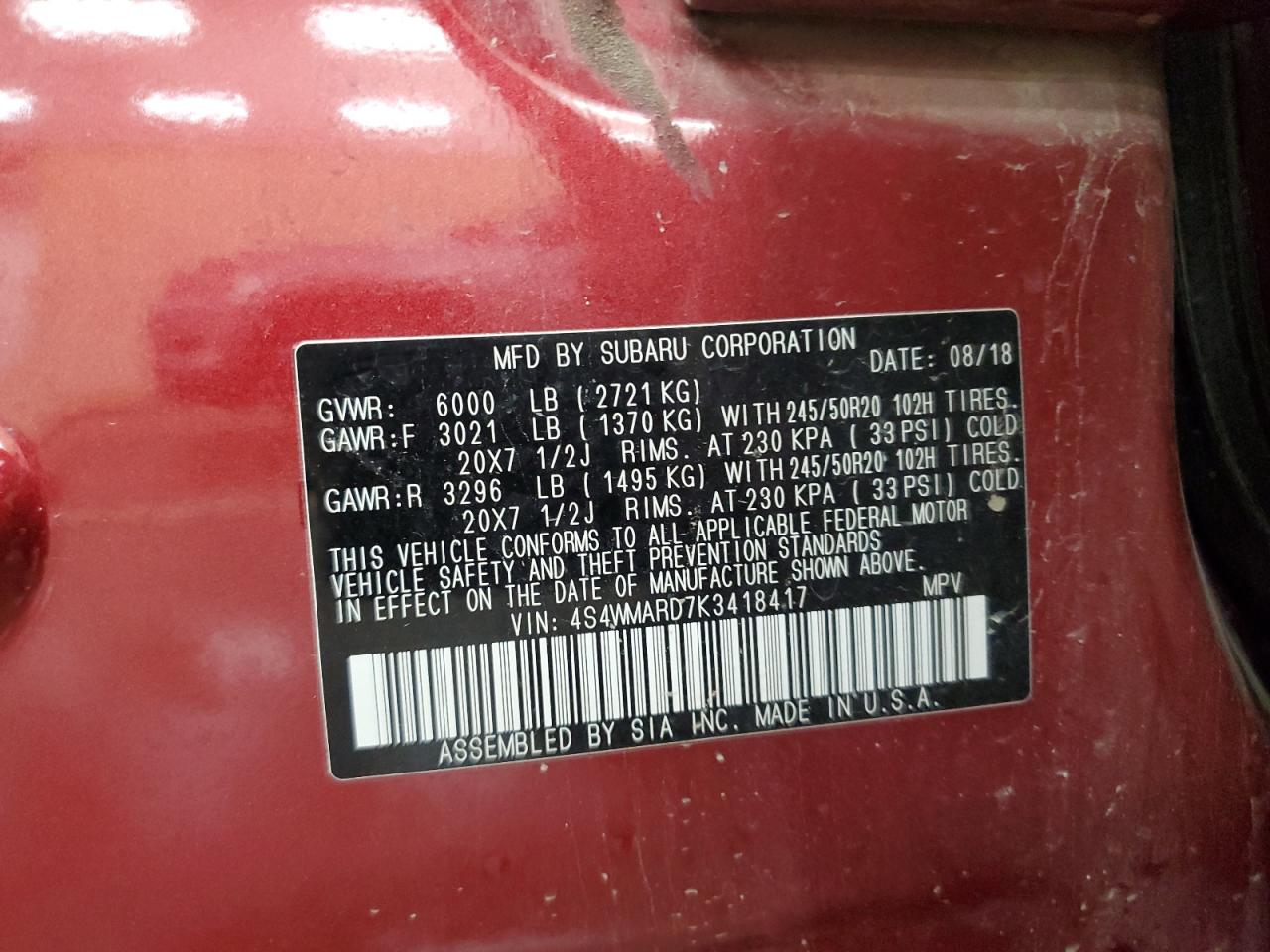 2019 Subaru Ascent Touring VIN: 4S4WMARD7K3418417 Lot: 84943185