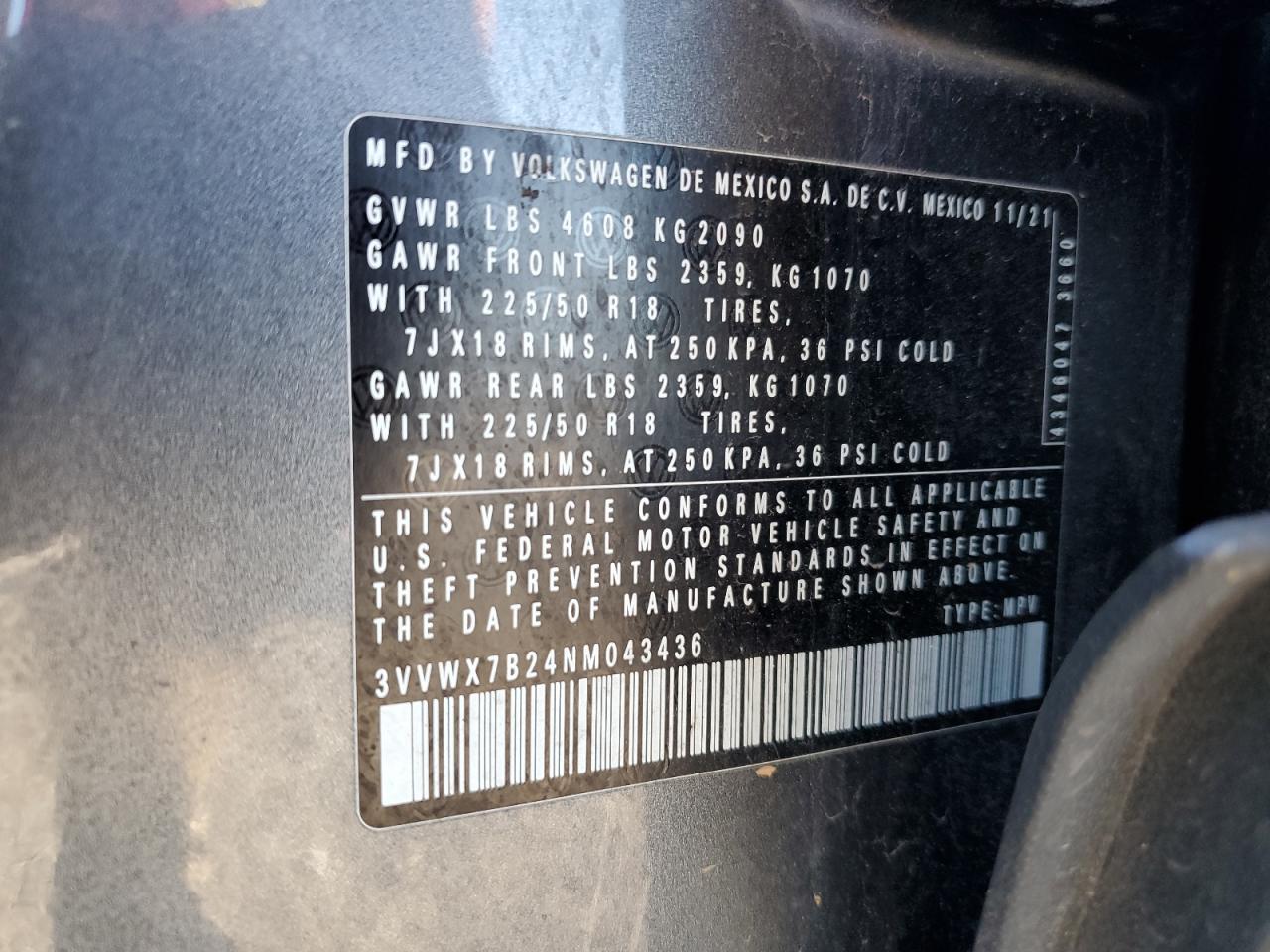 2022 Volkswagen Taos Se VIN: 3VVWX7B24NM043436 Lot: 89453295