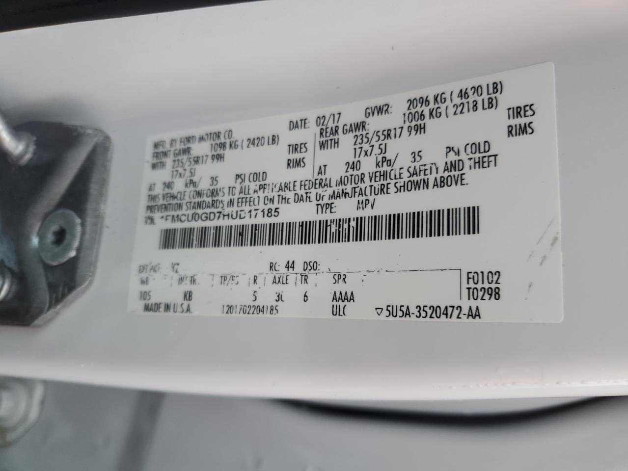 2017 Ford Escape Se VIN: 1FMCU0GD7HUD17185 Lot: 90348375