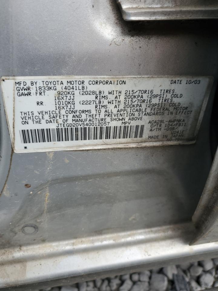 2004 Toyota Rav4 VIN: JTEGD20V540012057 Lot: 84885425