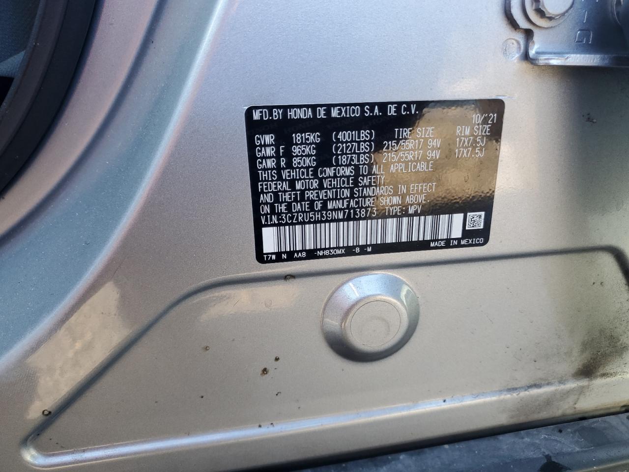 2022 Honda Hr-V Lx VIN: 3CZRU5H39NM713873 Lot: 85576305