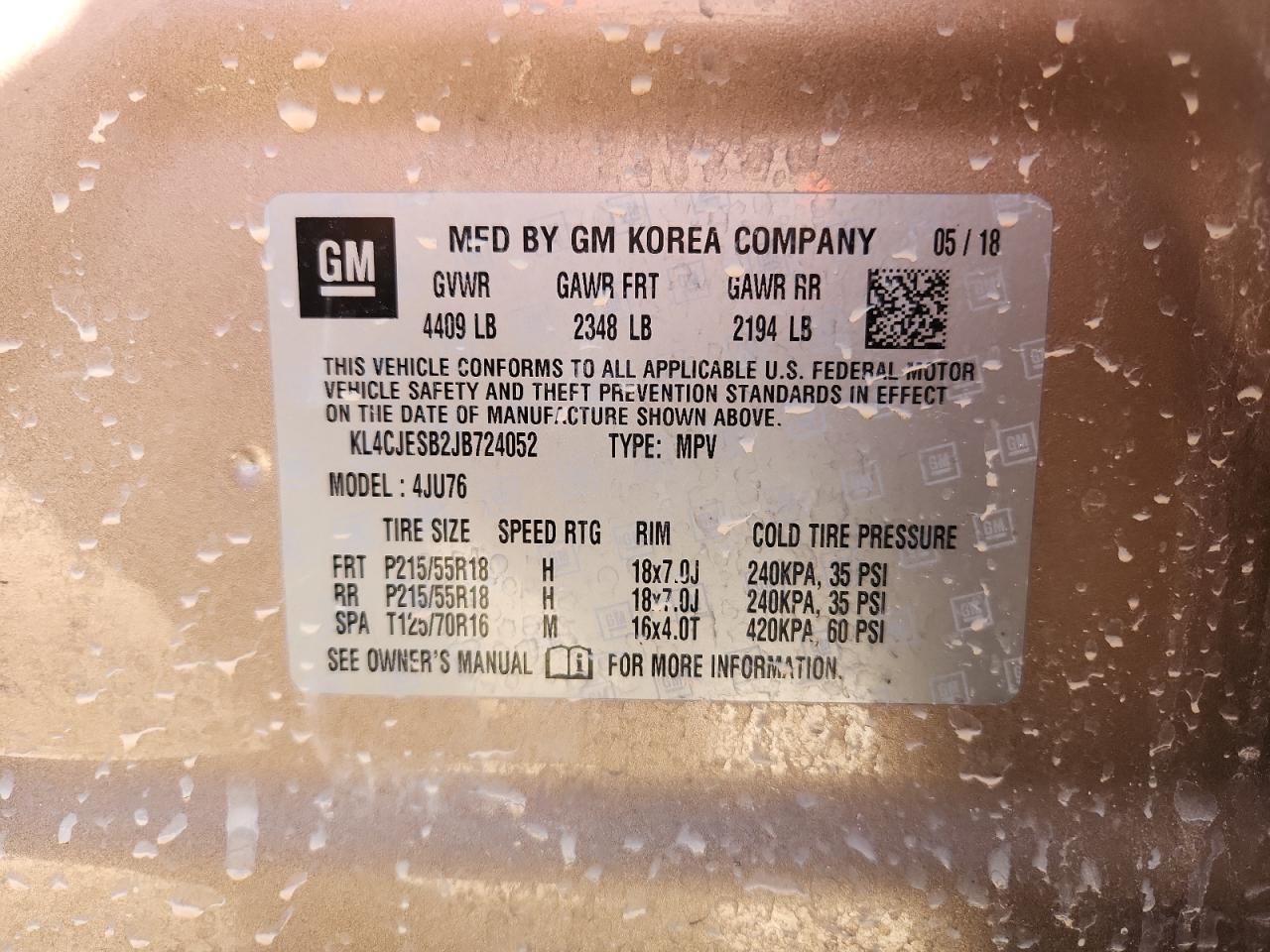 2018 Buick Encore Preferred VIN: KL4CJESB2JB724052 Lot: 90656345