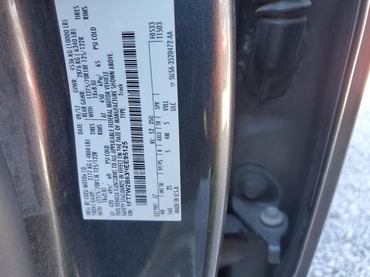 2017 Ford F250 Super Duty VIN: 1FT7W2B63HEE95125 Lot: 82314535