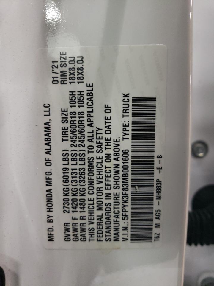 2021 Honda Ridgeline Black Edition VIN: 5FPYK3F83MB001606 Lot: 85098585