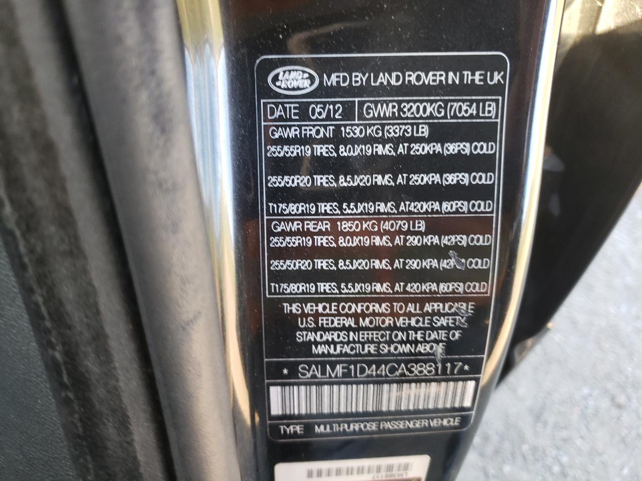 2012 Land Rover Range Rover Hse Luxury VIN: SALMF1D44CA388117 Lot: 90356135