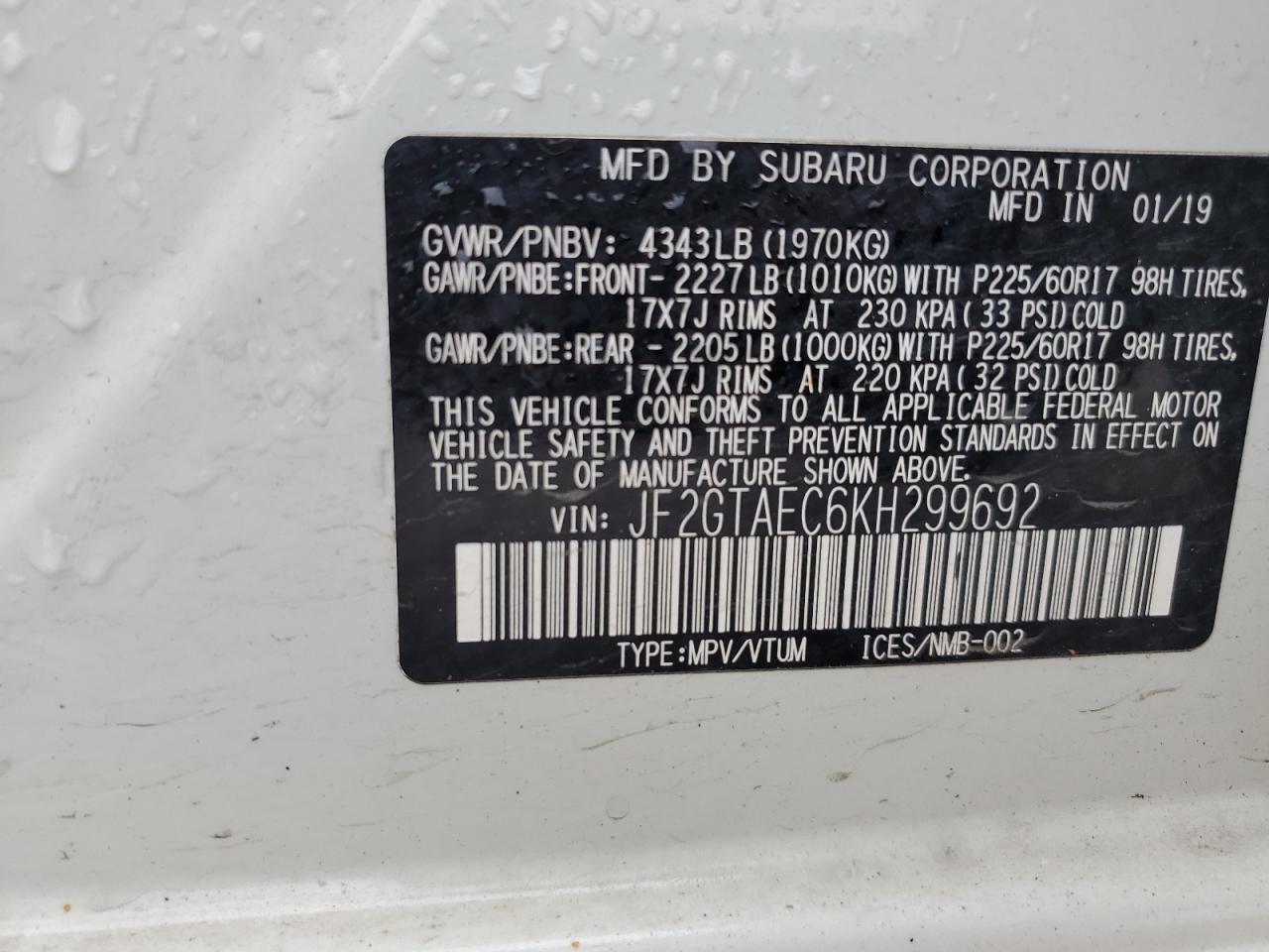 2019 Subaru Crosstrek Premium VIN: JF2GTAEC6KH299692 Lot: 86216155