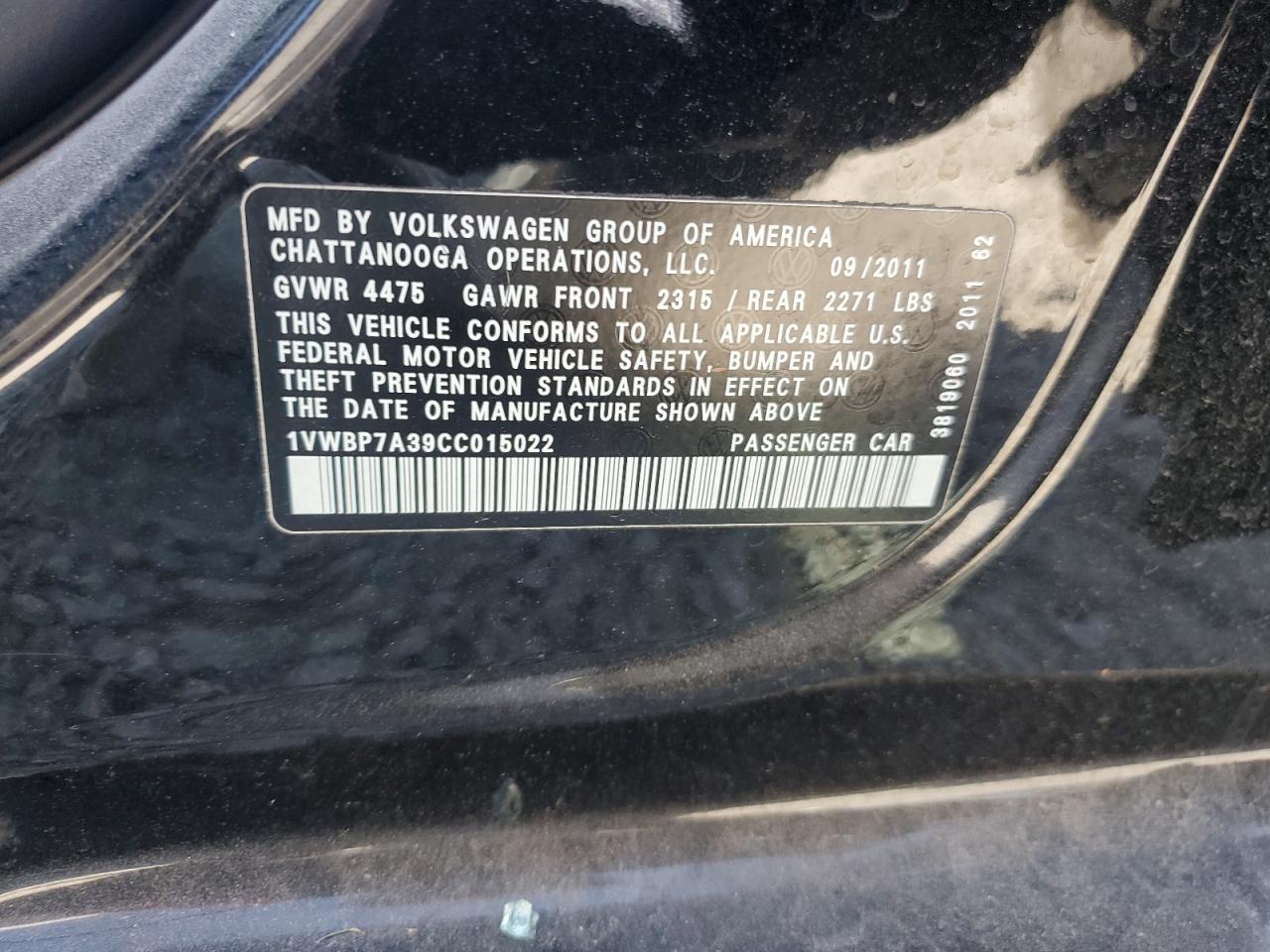 2012 Volkswagen Passat Se VIN: 1VWBP7A39CC015022 Lot: 82263315