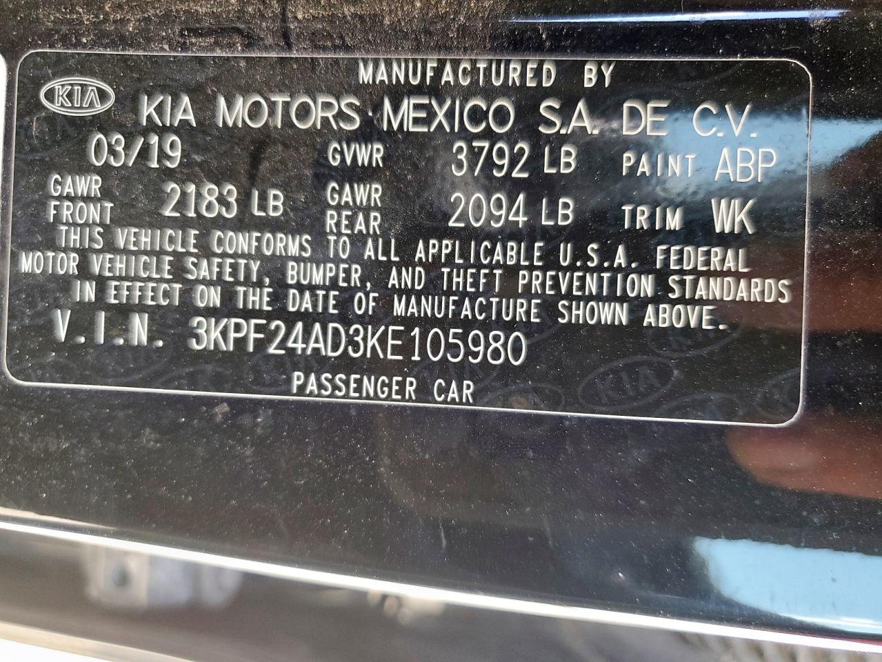 2019 Kia Forte Fe VIN: 3KPF24AD3KE105980 Lot: 84993125