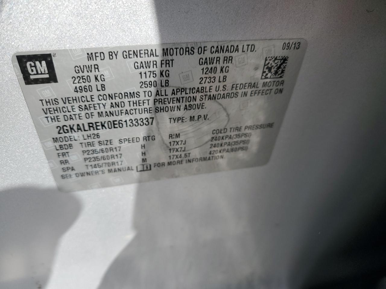 2014 GMC Terrain Sle VIN: 2GKALREK0E6133337 Lot: 86274505