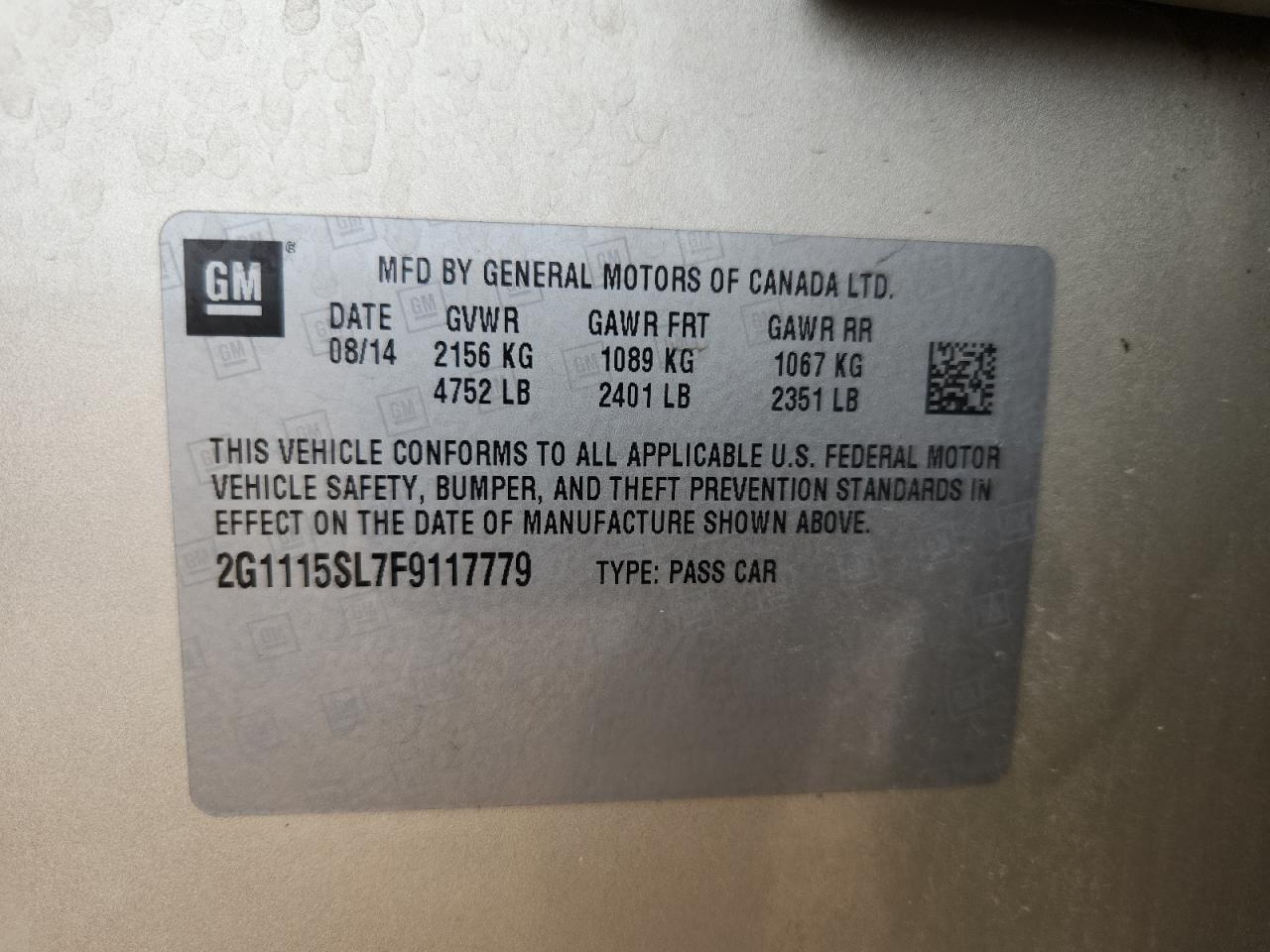 2015 Chevrolet Impala Lt VIN: 2G1115SL7F9117779 Lot: 82261175