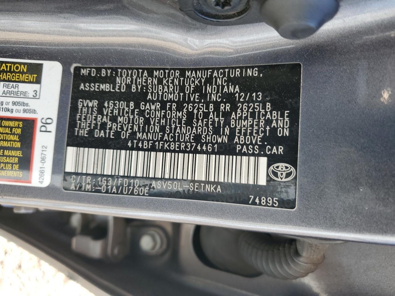 2014 Toyota Camry L VIN: 4T4BF1FK8ER374461 Lot: 90690485