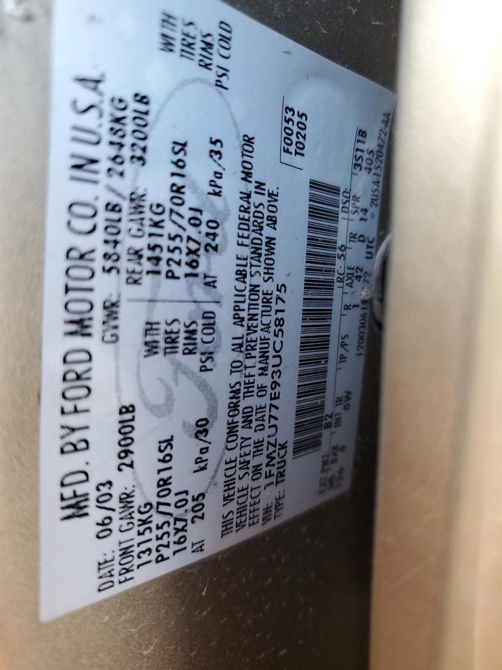 2003 Ford Explorer Sport Trac VIN: 1FMZU77E93UC58175 Lot: 82485575