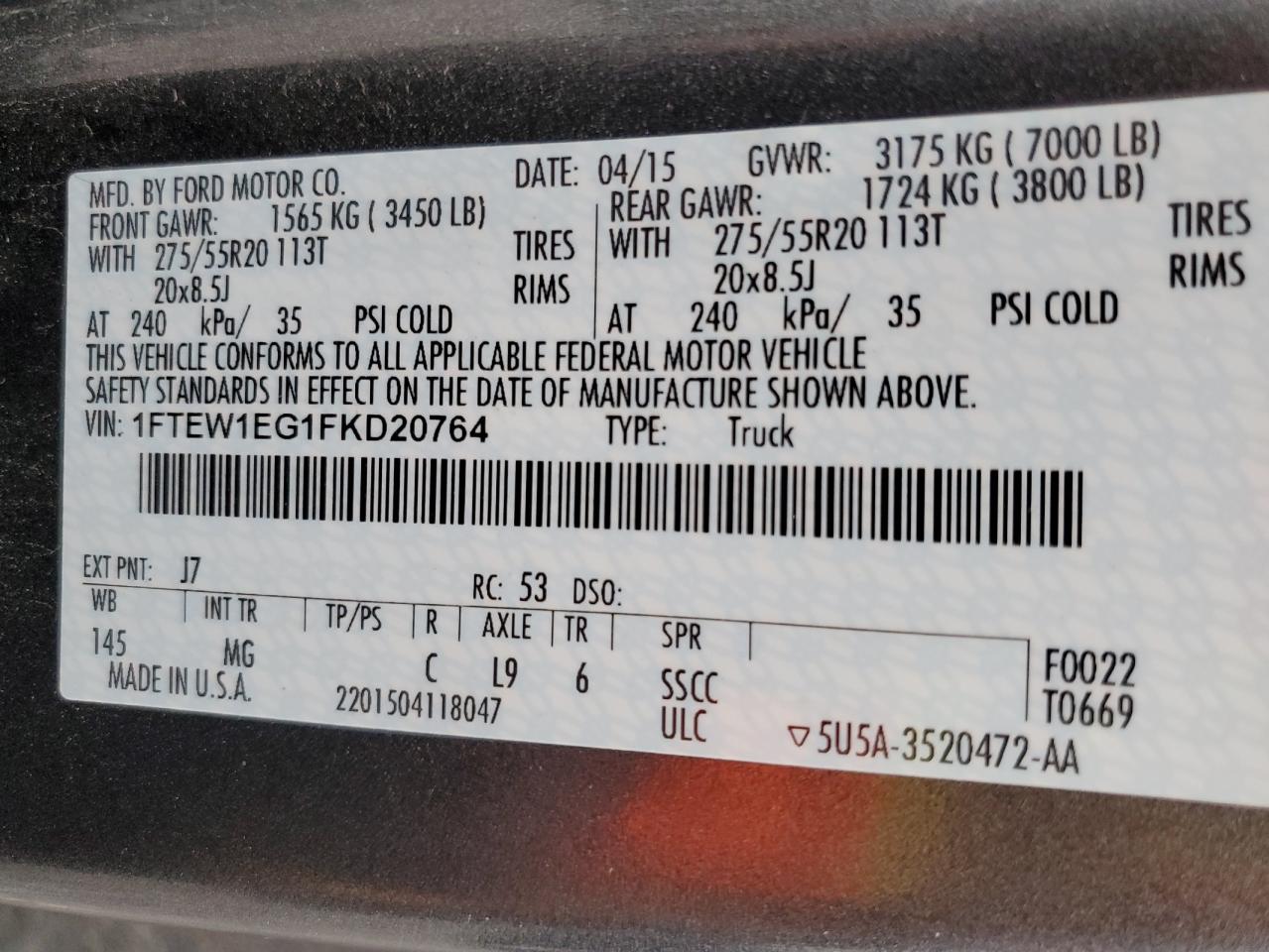 2015 Ford F150 Supercrew VIN: 1FTEW1EG1FKD20764 Lot: 85001135