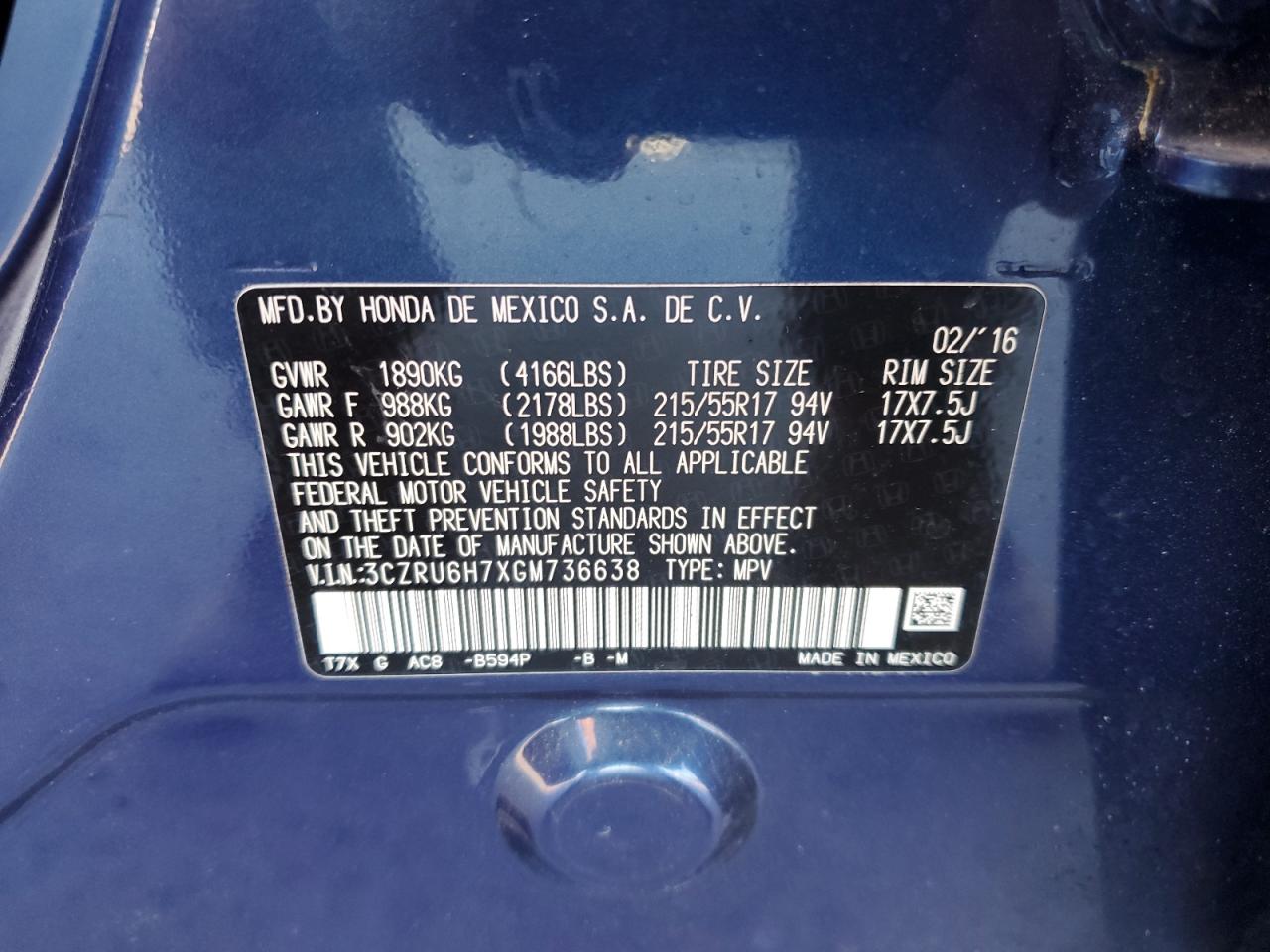 2016 Honda Hr-V Exl VIN: 3CZRU6H7XGM736638 Lot: 84234675