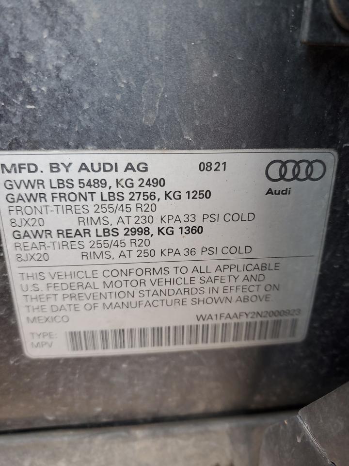 2022 Audi Q5 Prestige 45 VIN: WA1FAAFY2N2000923 Lot: 86181425