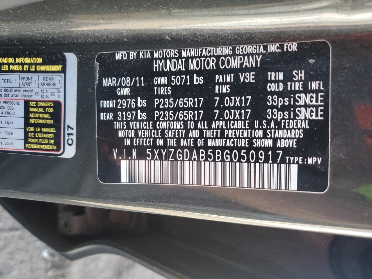 2011 Hyundai Santa Fe Gls VIN: 5XYZGDAB5BG050917 Lot: 82243755