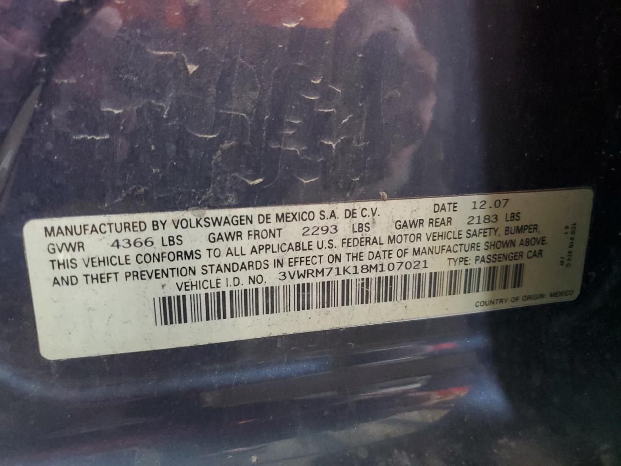 2008 Volkswagen Jetta Se VIN: 3VWRM71K18M107021 Lot: 81545225