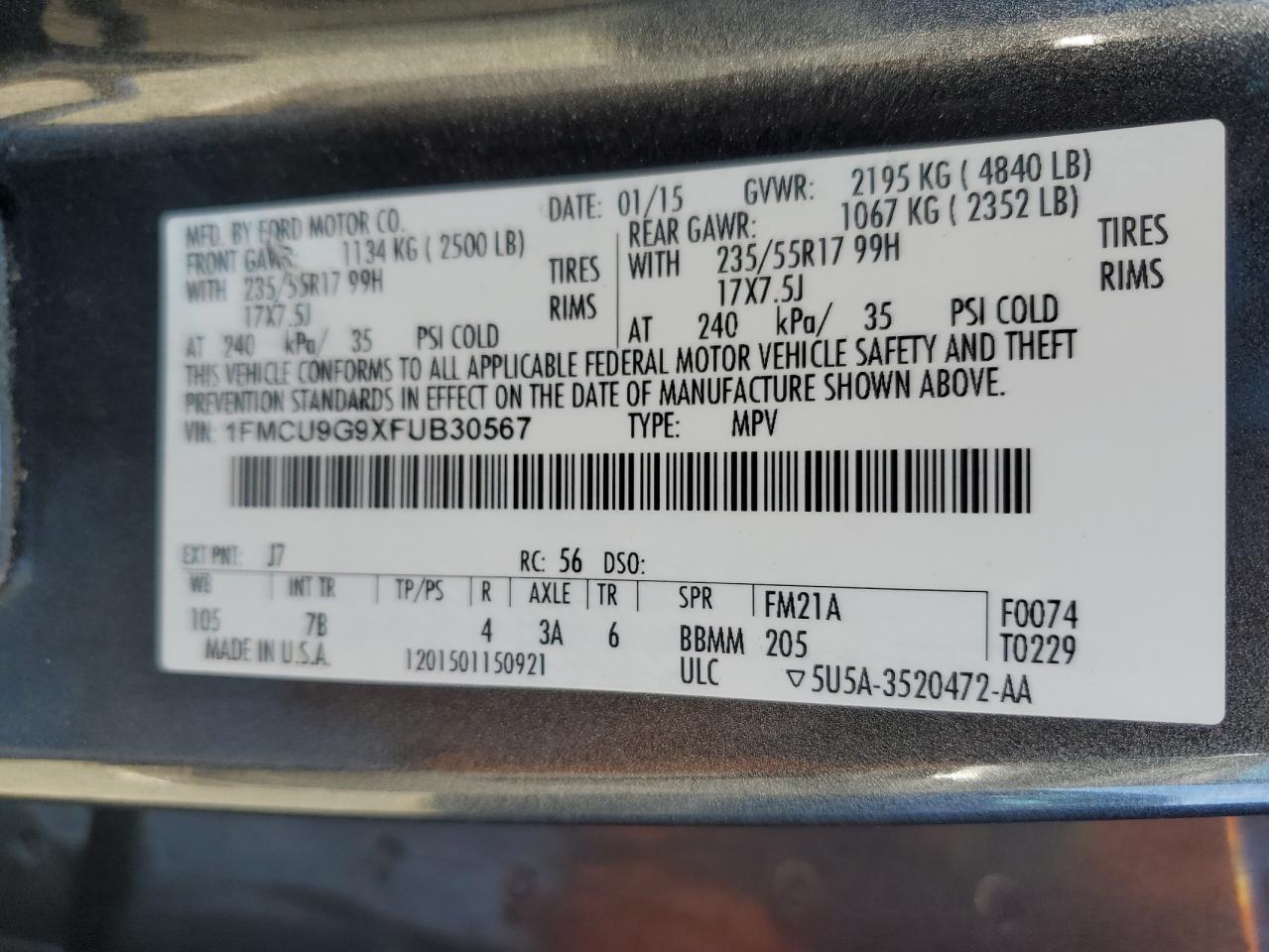 2015 Ford Escape Se VIN: 1FMCU9G9XFUB30567 Lot: 82504505