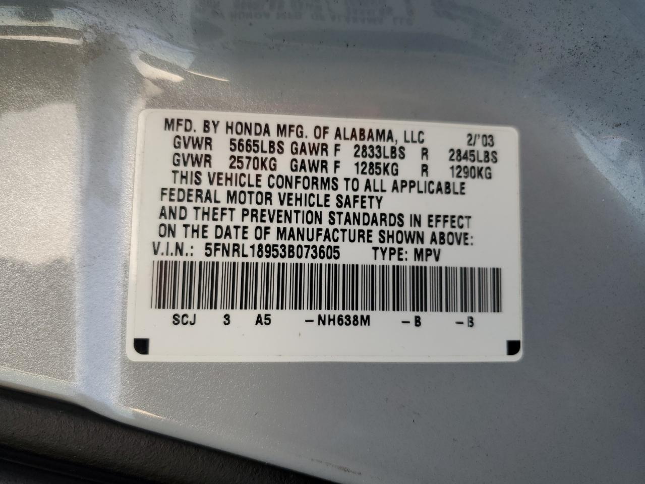 2003 Honda Odyssey Exl VIN: 5FNRL18953B073605 Lot: 85306695